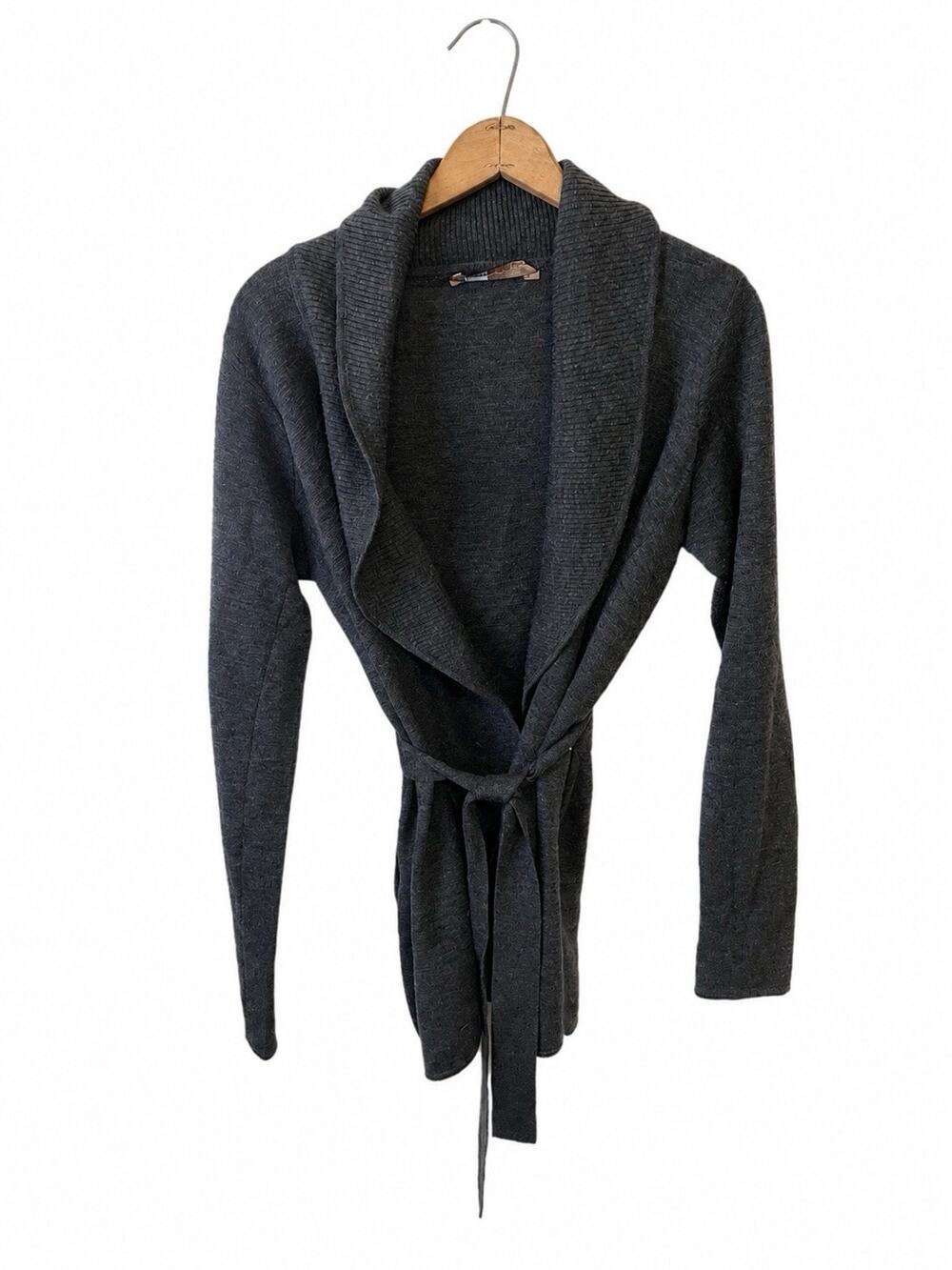 BCBGMAXAZRIA Women’s Small Gray Merino Wool Wrap Cardigan Sweater Belted